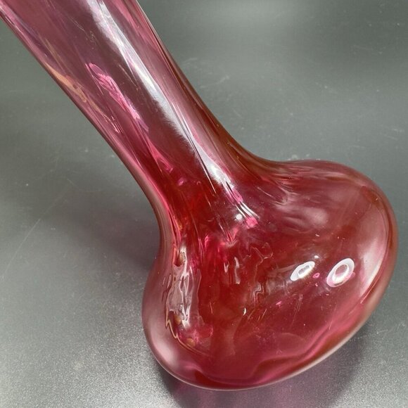 Antique Cranberry Art Glass Vase Wavy Ruffled Top Bud Vase Hand Blown Textured - Picture 10 of 11